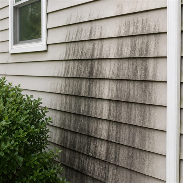 Dark black streaks running down vinyl siding on a Pittsburgh-area home near a window