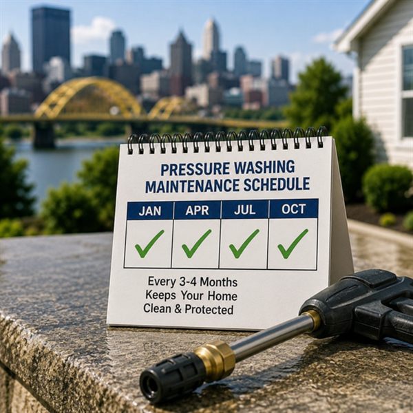 Quarterly pressure washing maintenance schedule card with the Pittsburgh skyline in the background