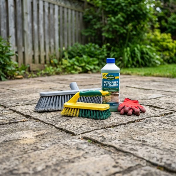 Patio cleaning brushes, gloves, and cleaning solution staged on a stone patio before pressure washing near Pittsburgh