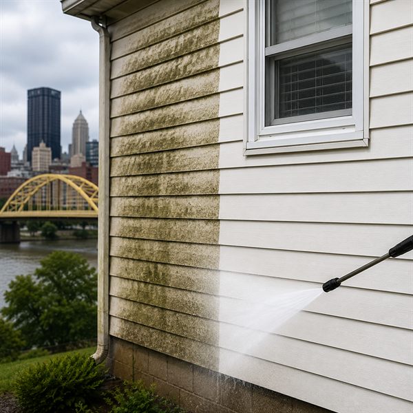 Grimy, algae-stained home exterior typical of Pittsburgh's humid climate before cleaning