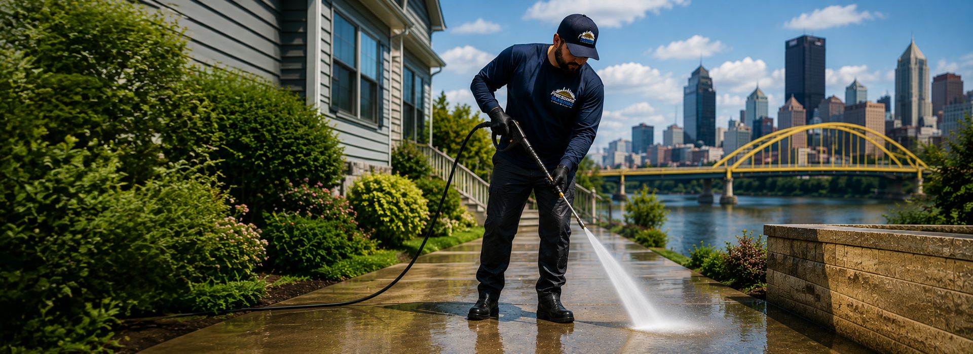 Pressure washing service cleaning a home exterior in Pittsburgh, PA